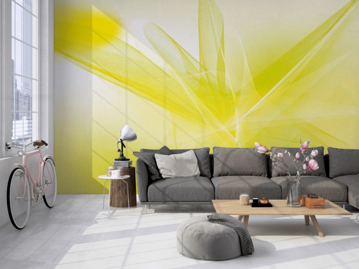 Die Design-Fototapete 3D-Geometrie plastische Formen Grün auf einer großen Wand im Loft tapeziert. Die Design-Fototapete 3D-Geometrie plastische Formen Grün wird individuell auf Deine Wand angepasst.