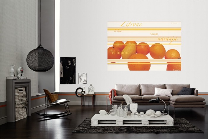 Die Design-Fototapete Zitronen und Orangen, Artwork als Wandbild im Wohnzimmer. Die Vlies-Design-Fototapete Zitronen und Orangen, Artwork verschönert als Wandbild Deine Wand.