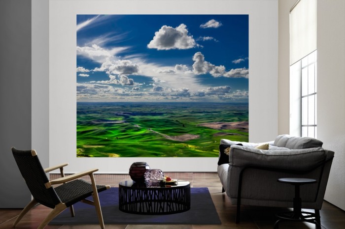 Die Fototapete Hügellandschaft in Amerika im Sommer als große Bildtapete im Wohnzimmer. Als Bildtapete ist die Fototapete Hügellandschaft in Amerika im Sommer ein besonderes Highlight auf Vliestapete.