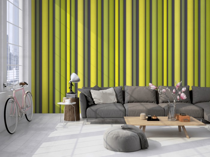 Die Design-Fototapete 3D-Geometrie grüne Stangen auf einer großen Wand im Loft tapeziert. Die Design-Fototapete 3D-Geometrie grüne Stangen wird individuell auf Deine Wand angepasst.