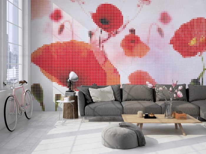 Die Design-Fototapete Geometrie Mohnblumen auf einer großen Wand im Loft tapeziert. Die Design-Fototapete Geometrie Mohnblumen wird individuell auf Deine Wand angepasst.
