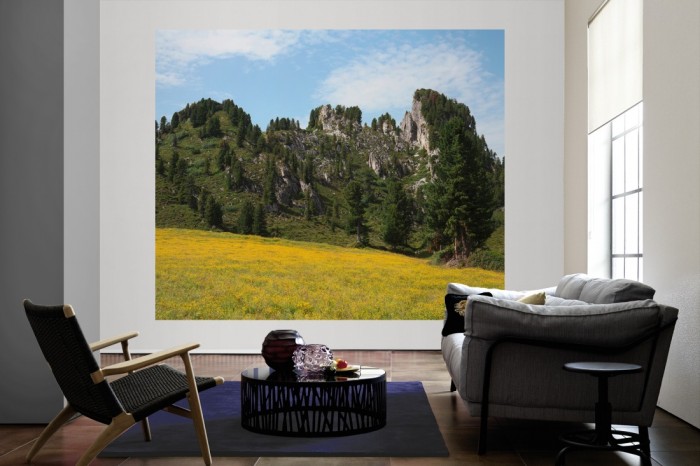 Die Fototapete Alpen Österreich, Grüner Berg als große Bildtapete im Wohnzimmer. Als Bildtapete ist die Fototapete Alpen Österreich, Grüner Berg ein besonderes Highlight auf Vliestapete.