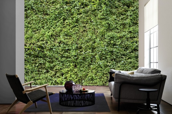 Im Wohnzimmer die Fototapete Gartenhecke mit Blättern auf einer großen Wand tapeziert. Die Fototapete Gartenhecke mit Blättern ist als Vlies-Fototapete im Wohnzimmer leicht zu tapezieren.