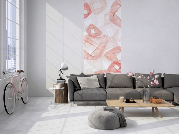 Das 3D-Design-Fotopanel Plasische Formen Rot, Artwork tapeziert in einem Loft. Bestelle die Bildtapete für Deine Wand online.