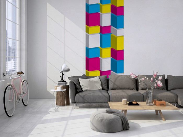 Das 3D-Design-Fotopanel Dreidimensionale Würfel, Artwork tapeziert in einem Loft. Bestelle die Bildtapete für Deine Wand online.