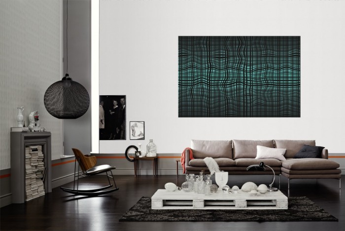 Die Design-Fototapete Geometrie Linien Karo als Wandbild im Wohnzimmer. Die Vlies-Design-Fototapete Geometrie Linien Karo verschönert als Wandbild Deine Wand.
