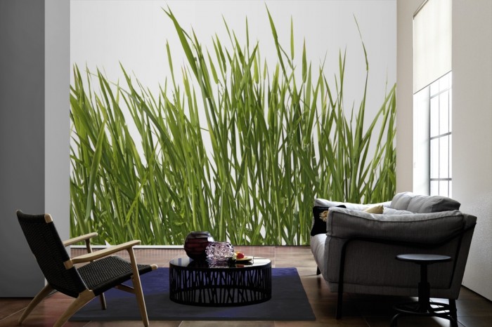 Im Wohnzimmer die Fototapete Gras Detail auf einer großen Wand tapeziert. Die Fototapete Gras Detail ist als Vlies-Fototapete im Wohnzimmer leicht zu tapezieren.