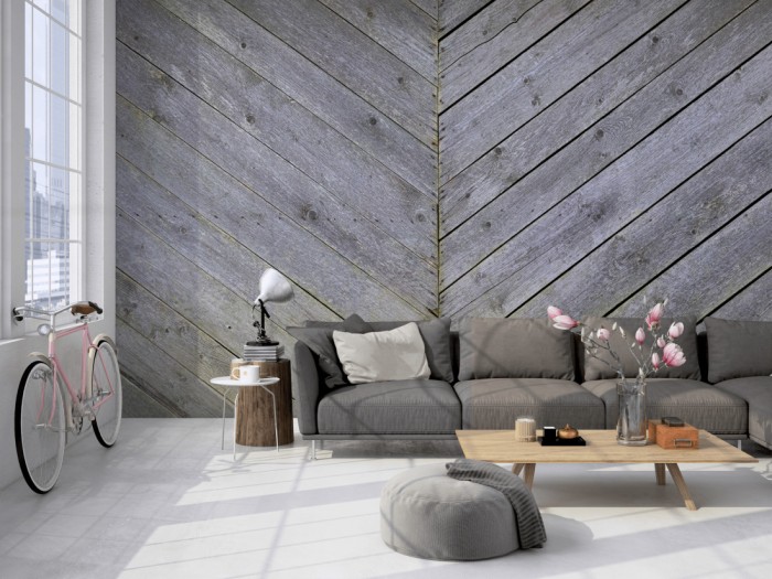Die Fototapete Holz Wand, graue Scheune auf einer großen Wand im Loft tapeziert. Die Fototapete Holz Wand, graue Scheune wird individuell auf Deine Wand angepasst.