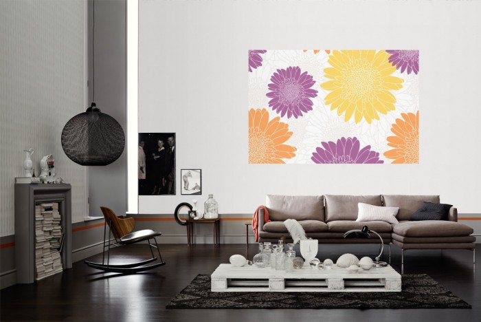 Die Design-Fototapete Blütenmeer, Artwork als Wandbild im Wohnzimmer. Die Vlies-Design-Fototapete Blütenmeer, Artwork verschönert als Wandbild Deine Wand.