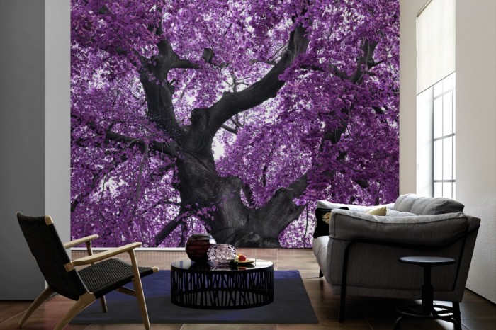Im Wohnzimmer die Fototapete Violetter Baum bei Blüte, Palisander auf einer großen Wand tapeziert. Die Fototapete Violetter Baum bei Blüte, Palisander ist als Vlies-Fototapete im Wohnzimmer leicht zu tapezieren.