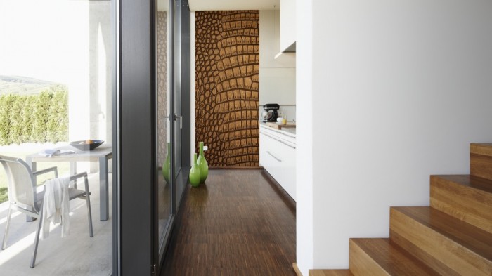 Ein Foto von dem 3D-Fotopanel Leder vom Krokodil im Detail tapeziert in der Küche. Bestelle Deine Bildtapete online.