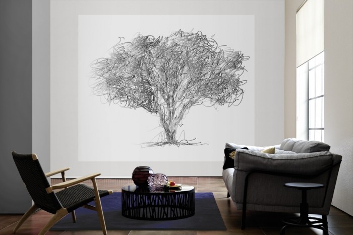 Die Design-Fototapete Zeichnung eines Baumes als große Bildtapete im Wohnzimmer. Als Bildtapete ist die Design-Fototapete Zeichnung eines Baumes ein besonderes Highlight auf Vliestapete.
