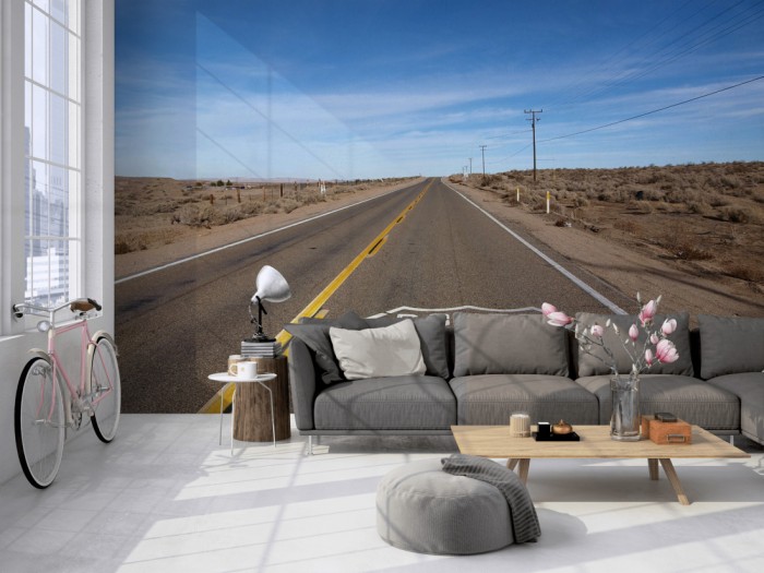 Die Fototapete Route 66, Highway in Amerika auf einer großen Wand im Loft tapeziert. Die Fototapete Route 66, Highway in Amerika wird individuell auf Deine Wand angepasst.