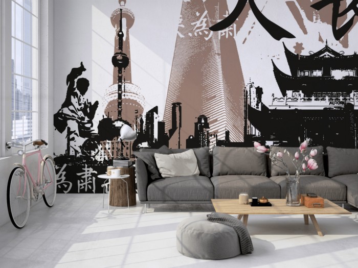 Die Design-Fototapete Shanghai China, Artwork auf einer großen Wand im Loft tapeziert. Die Design-Fototapete Shanghai China, Artwork wird individuell auf Deine Wand angepasst.