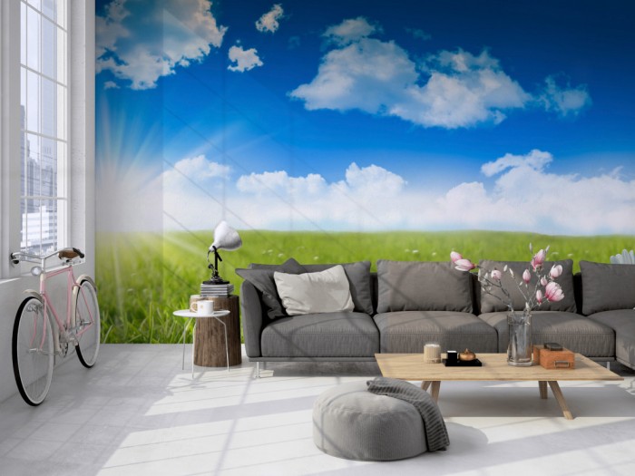 Die Fototapete Sommerwiese unter blauem Himmel auf einer großen Wand im Loft tapeziert. Die Fototapete Sommerwiese unter blauem Himmel wird individuell auf Deine Wand angepasst.