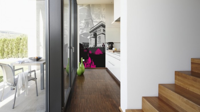 Ein Foto von dem 3D-Design-Fotopanel Paris Frankreich, Artwork tapeziert in der Küche. Bestelle Deine Bildtapete online.