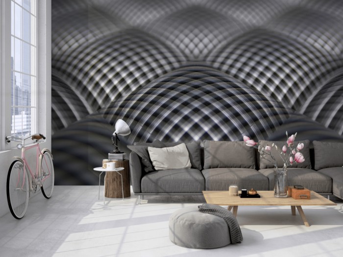 Die Design-Fototapete 3D-Geometrie schwarz-weiße Rauten auf einer großen Wand im Loft tapeziert. Die Design-Fototapete 3D-Geometrie schwarz-weiße Rauten wird individuell auf Deine Wand angepasst.