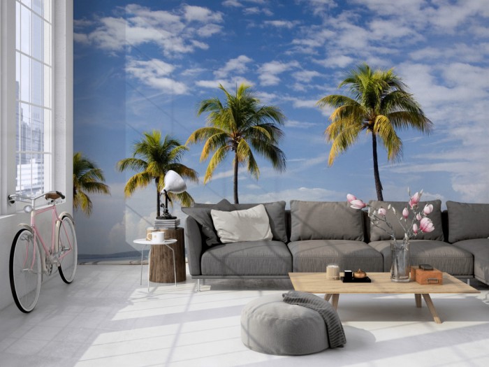 Die Fototapete Kuba, Oldtimer am Strand auf einer großen Wand im Loft tapeziert. Die Fototapete Kuba, Oldtimer am Strand wird individuell auf Deine Wand angepasst.