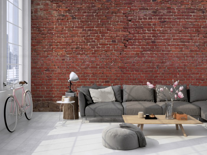 Die Fototapete Ziegel Wand, rote Steine auf einer großen Wand im Loft tapeziert. Die Fototapete Ziegel Wand, rote Steine wird individuell auf Deine Wand angepasst.