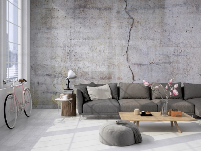 Die Fototapete Beton Wand, Sichtbeton mit Riss auf einer großen Wand im Loft tapeziert. Die Fototapete Beton Wand, Sichtbeton mit Riss wird individuell auf Deine Wand angepasst.