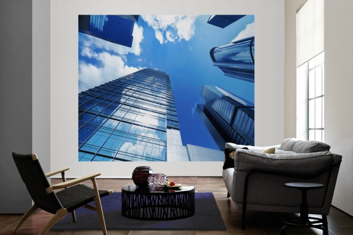 Die Fototapete Wolkenkratzer in Downtown als große Bildtapete im Wohnzimmer. Als Bildtapete ist die Fototapete Wolkenkratzer in Downtown ein besonderes Highlight auf Vliestapete.