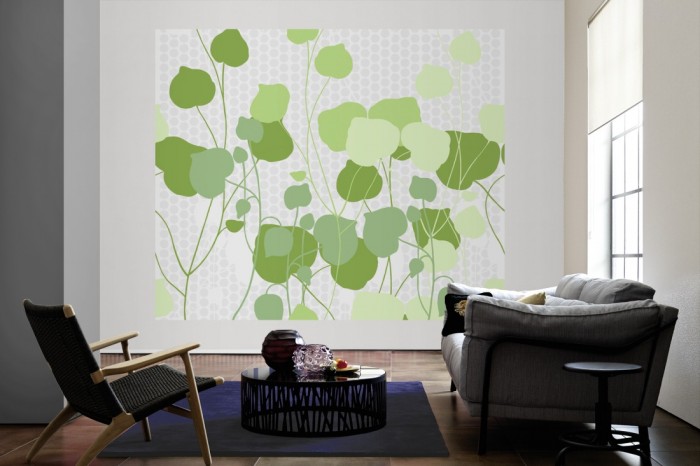 Die Design-Fototapete Blätter Ranken, Artwork als große Bildtapete im Wohnzimmer. Als Bildtapete ist die Design-Fototapete Blätter Ranken, Artwork ein besonderes Highlight auf Vliestapete.