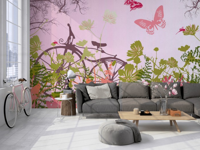 Die Design-Fototapete Fahrrad im Wald, Artwork auf einer großen Wand im Loft tapeziert. Die Design-Fototapete Fahrrad im Wald, Artwork wird individuell auf Deine Wand angepasst.