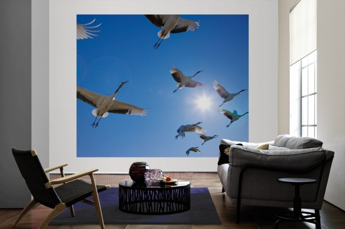 Die Fototapete Vögel im Himmel, Kraniche als große Bildtapete im Wohnzimmer. Als Bildtapete ist die Fototapete Vögel im Himmel, Kraniche ein besonderes Highlight auf Vliestapete.