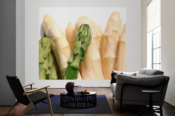 Die Fototapete Spargel als große Bildtapete im Wohnzimmer. Als Bildtapete ist die Fototapete Spargel ein besonderes Highlight auf Vliestapete.