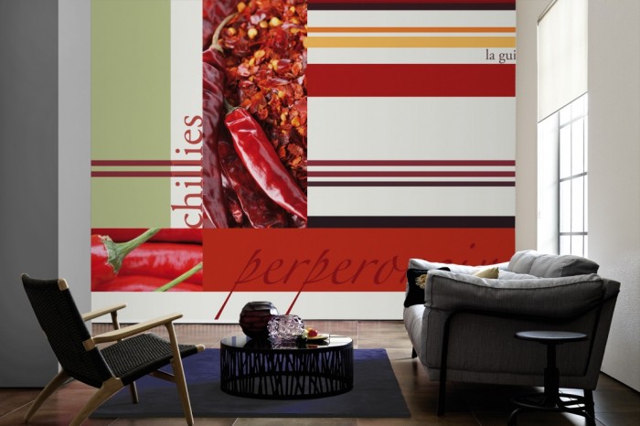 Im Wohnzimmer die Design-Fototapete Chili, Artwork auf einer großen Wand tapeziert. Die Design-Fototapete Chili, Artwork ist als Vlies-Fototapete im Wohnzimmer leicht zu tapezieren.