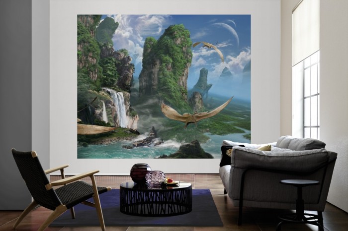 Die Fototapete Fantasy, Landschaft mit Flugsauriern als große Bildtapete im Wohnzimmer. Als Bildtapete ist die Fototapete Fantasy, Landschaft mit Flugsauriern ein besonderes Highlight auf Vliestapete.