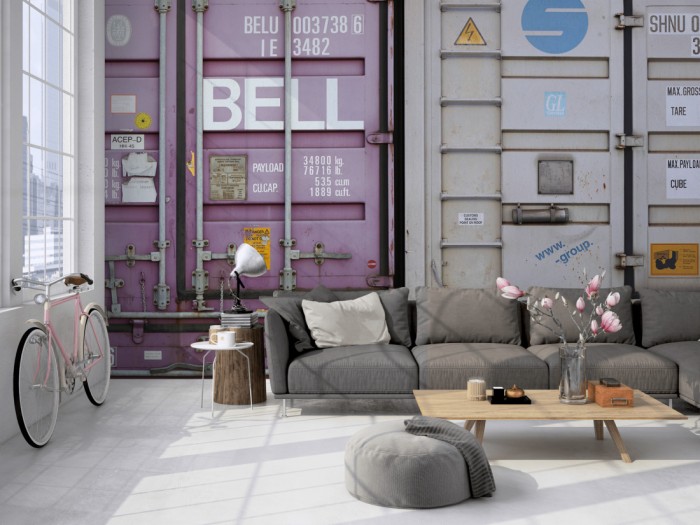 Die Fototapete Metall Wand, Container auf einer großen Wand im Loft tapeziert. Die Fototapete Metall Wand, Container wird individuell auf Deine Wand angepasst.