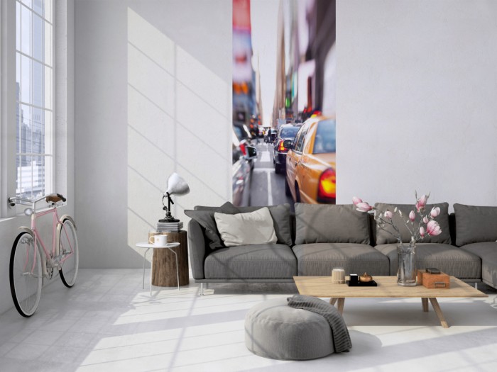 Das 3D-Fotopanel Taxis in Manhattan, New York USA tapeziert in einem Loft. Bestelle die Bildtapete für Deine Wand online.