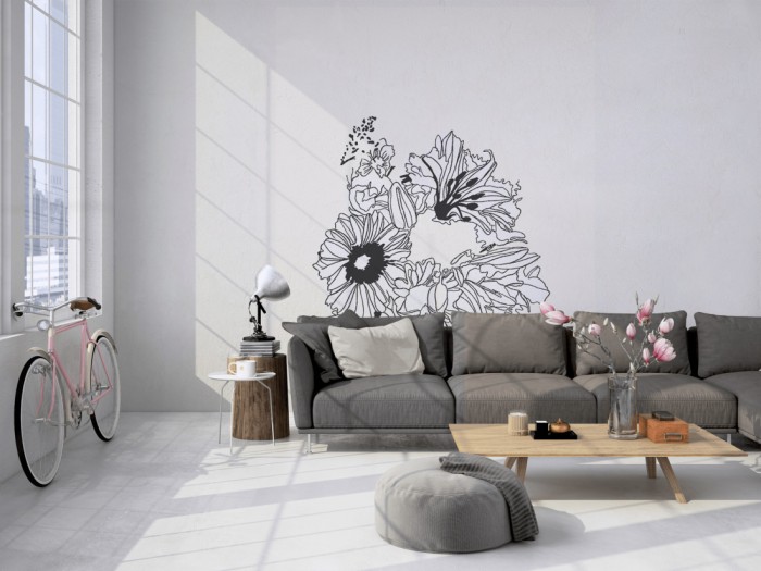 Das Design-Fotopanel Flower-Power Blüte Hellgrau tapeziert in einem Loft. Bestelle die Bildtapete für Deine Wand online.
