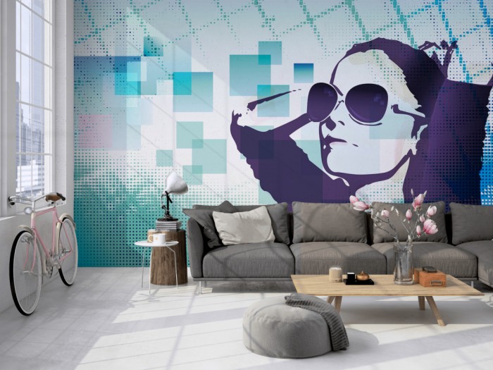 Die Design-Fototapete Geometrie Lifestyle Portrait auf einer großen Wand im Loft tapeziert. Die Design-Fototapete Geometrie Lifestyle Portrait wird individuell auf Deine Wand angepasst.