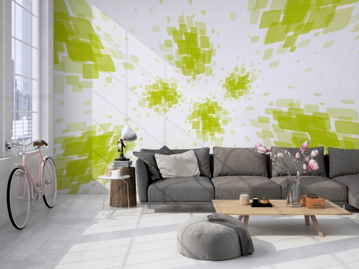 Die Design-Fototapete 3D-Geometrie grüne Rechtecke auf einer großen Wand im Loft tapeziert. Die Design-Fototapete 3D-Geometrie grüne Rechtecke wird individuell auf Deine Wand angepasst.