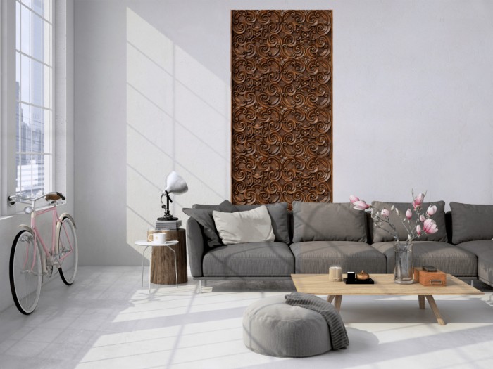 Das 3D Fotopanel Holzverzierung tapeziert in einem Loft. Bestelle die Bildtapete für Deine Wand online.