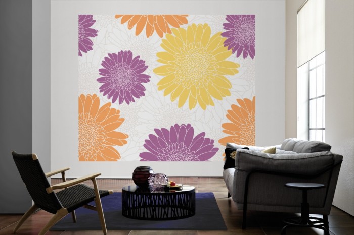 Die Design-Fototapete Blütenmeer, Artwork als große Bildtapete im Wohnzimmer. Als Bildtapete ist die Design-Fototapete Blütenmeer, Artwork ein besonderes Highlight auf Vliestapete.