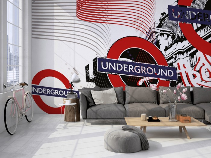 Die Designer-Fototapete Underground London, Artwork by Mylumi auf einer großen Wand im Loft tapeziert. Die Designer-Fototapete Underground London, Artwork by Mylumi wird individuell auf Deine Wand angepasst.