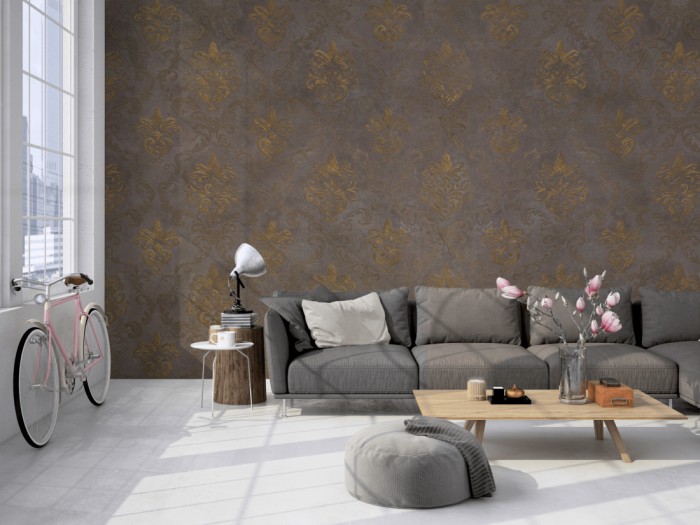 Die Designtapete Barock Ornament, Vintage Braun auf einer großen Wand im Loft tapeziert. Die Designtapete Barock Ornament, Vintage Braun wird individuell auf Deine Wand angepasst.