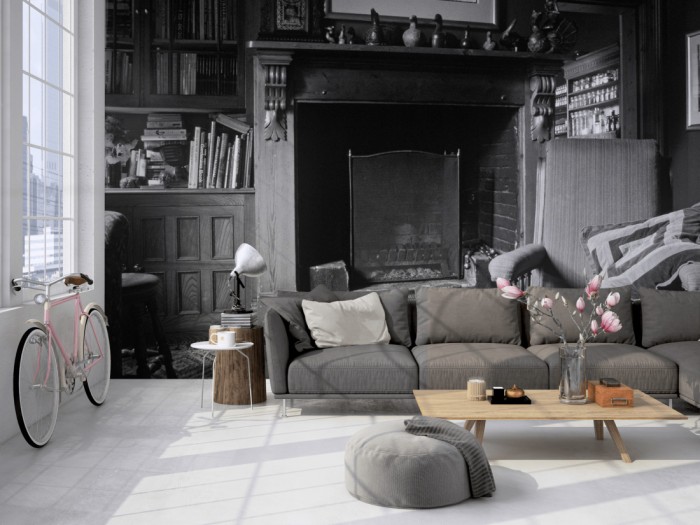 Die Fototapete Wohnzimmer mit Kamin, schwarz-weiß auf einer großen Wand im Loft tapeziert. Die Fototapete Wohnzimmer mit Kamin, schwarz-weiß wird individuell auf Deine Wand angepasst.
