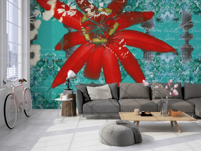 Die Designer-Fototapete Rote Blüte, Artwork by Mylumi auf einer großen Wand im Loft tapeziert. Die Designer-Fototapete Rote Blüte, Artwork by Mylumi wird individuell auf Deine Wand angepasst.