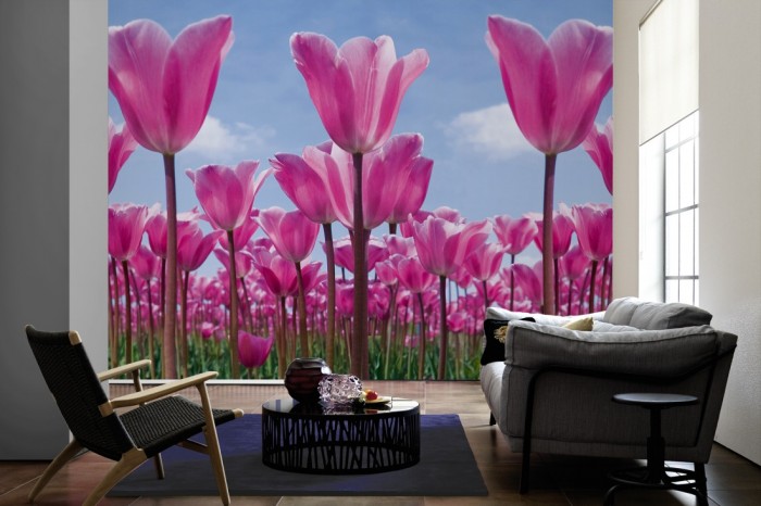 Im Wohnzimmer die Fototapete Tulpen in Pink, Tulpenfeld auf einer großen Wand tapeziert. Die Fototapete Tulpen in Pink, Tulpenfeld ist als Vlies-Fototapete im Wohnzimmer leicht zu tapezieren.