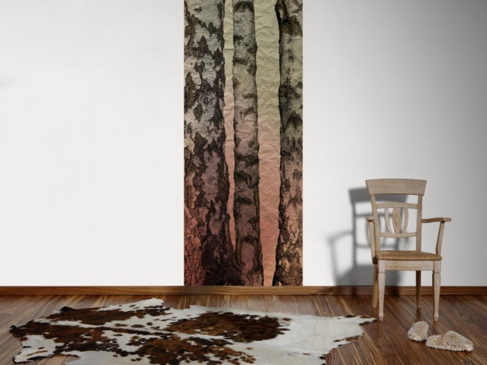 Ein Foto von dem Design-Fotopanel Birkenwald auf Papier, Vintage tapeziert an der Wand. Bestelle Deine Bildtapete online.