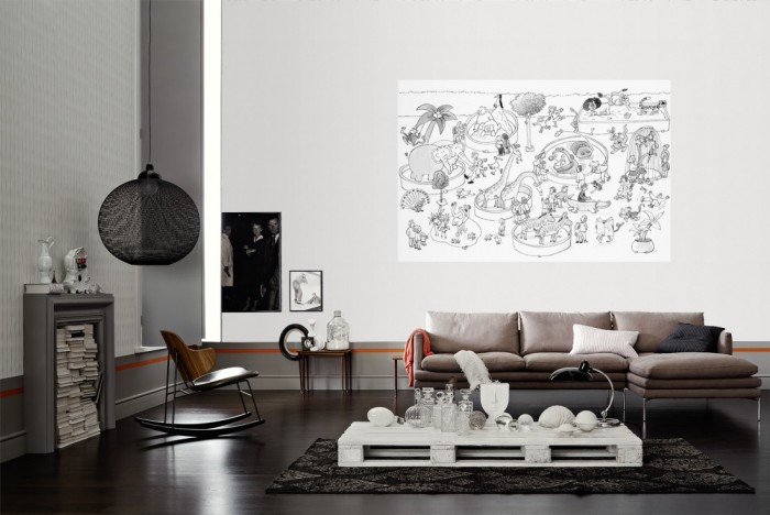 Die Fototapete Zoo, Wimmelbild für Kinder zum Ausmalen als Wandbild im Wohnzimmer. Die Vlies-Fototapete Zoo, Wimmelbild für Kinder zum Ausmalen verschönert als Wandbild Deine Wand.