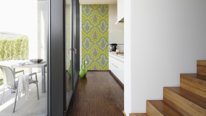 Ein Foto von dem Design-Fotopanel Retro Tapete Grün, Artwork tapeziert in der Küche. Bestelle Deine Bildtapete online.