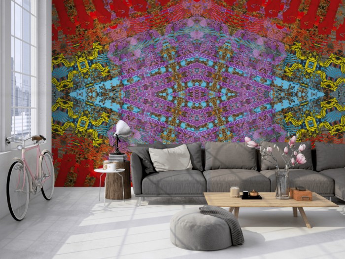 Die Designer-Fototapete Kaleidoskop Freedom, Artwork by Mylumi auf einer großen Wand im Loft tapeziert. Die Designer-Fototapete Kaleidoskop Freedom, Artwork by Mylumi wird individuell auf Deine Wand angepasst.