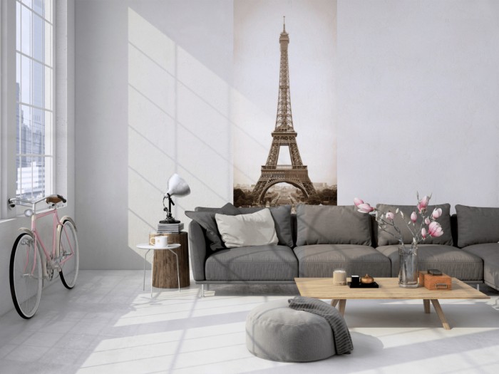 Das 3D-Fotopanel Eifelturm, Paris in Sepia tapeziert in einem Loft. Bestelle die Bildtapete für Deine Wand online.