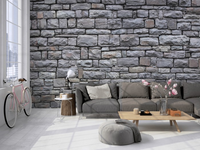 Die Fototapete Stein Wand, Burgmauer auf einer großen Wand im Loft tapeziert. Die Fototapete Stein Wand, Burgmauer wird individuell auf Deine Wand angepasst.