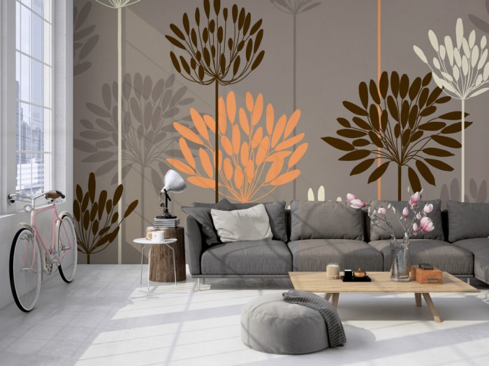 Die Design-Fototapete Pflanzen, Artwork auf einer großen Wand im Loft tapeziert. Die Design-Fototapete Pflanzen, Artwork wird individuell auf Deine Wand angepasst.